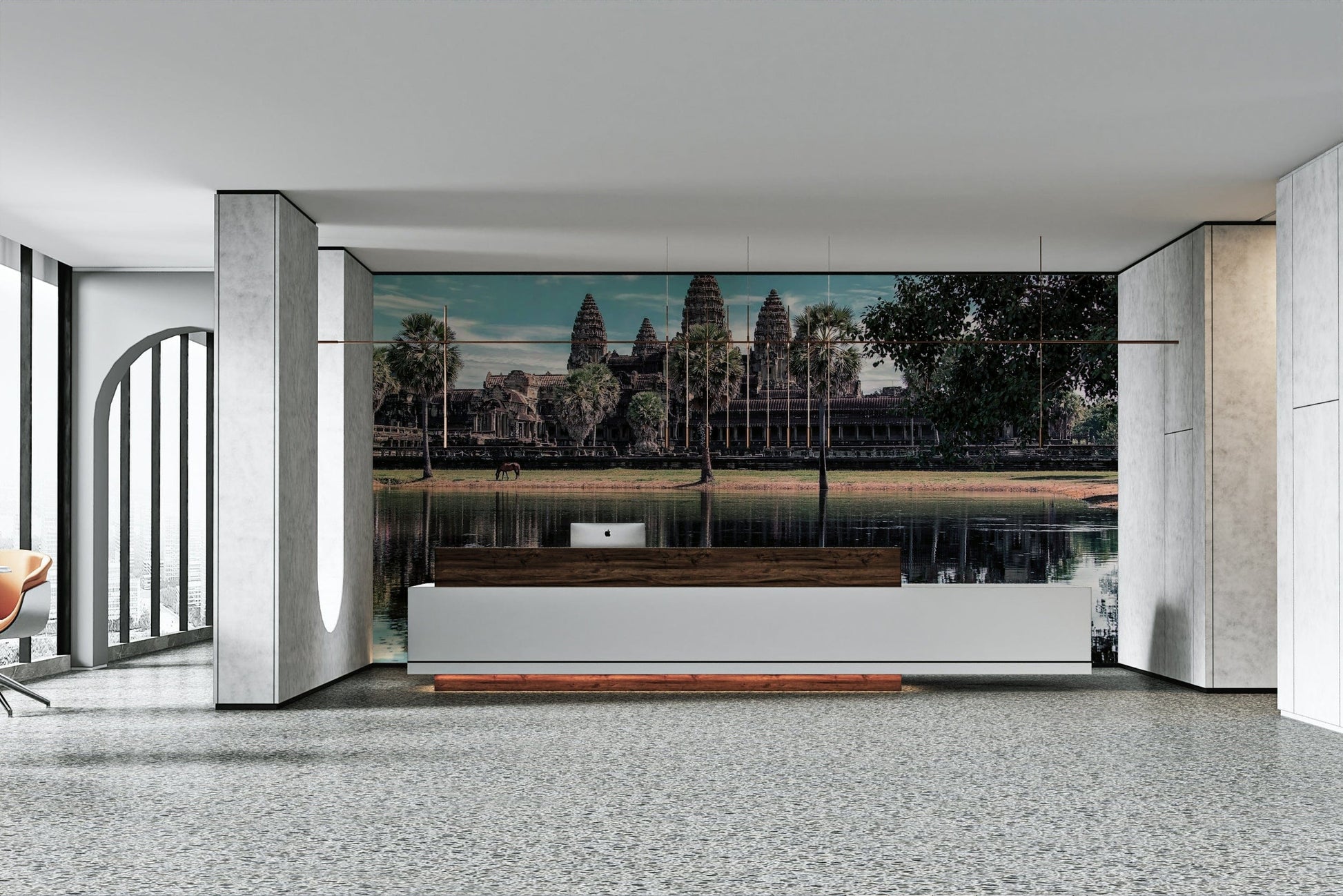 A graceful subtle temple wall mural in rich, natural tones.

