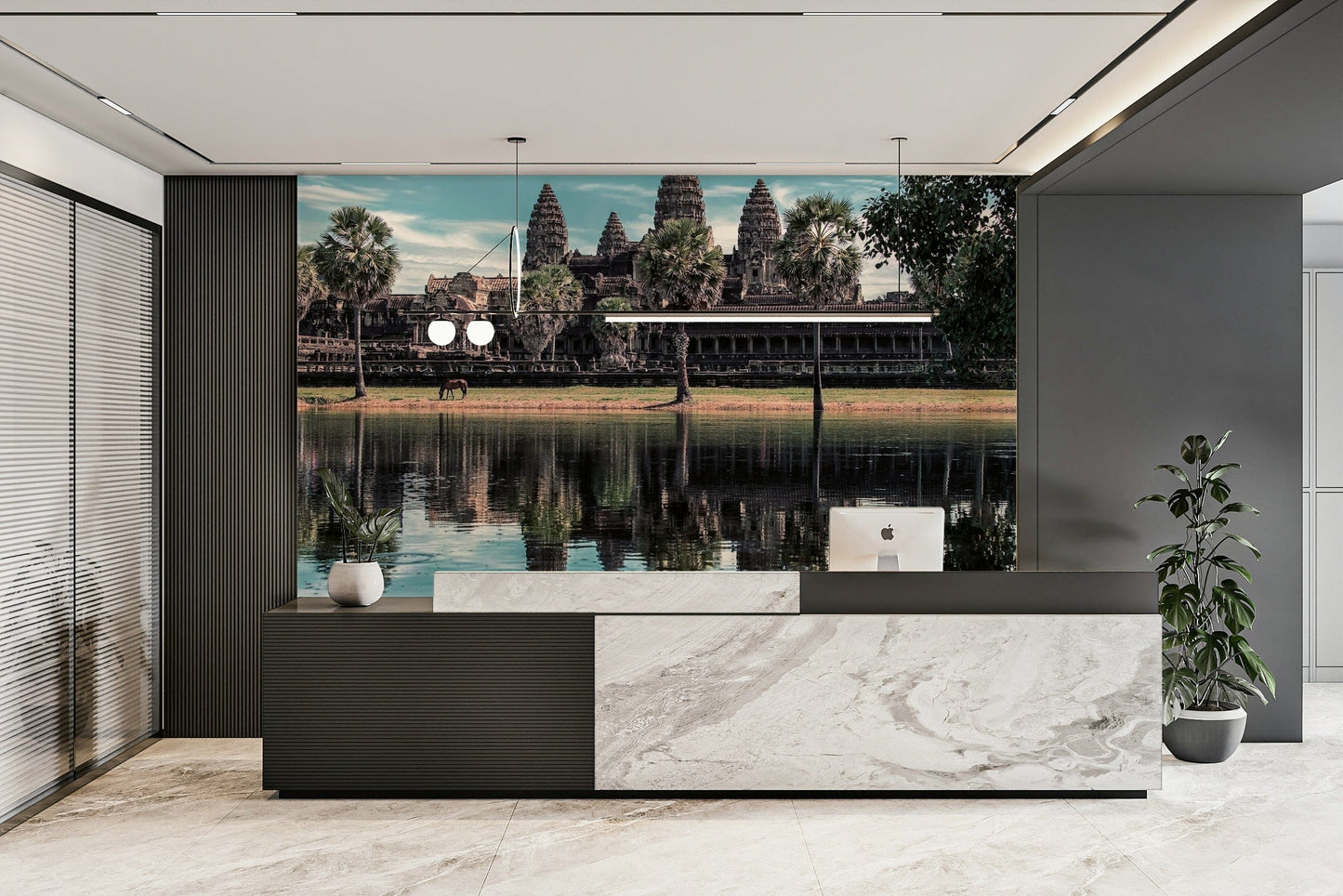 An artistic historic temple mural on minimalist wallpaper.

