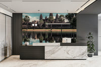 An artistic historic temple mural on minimalist wallpaper.

