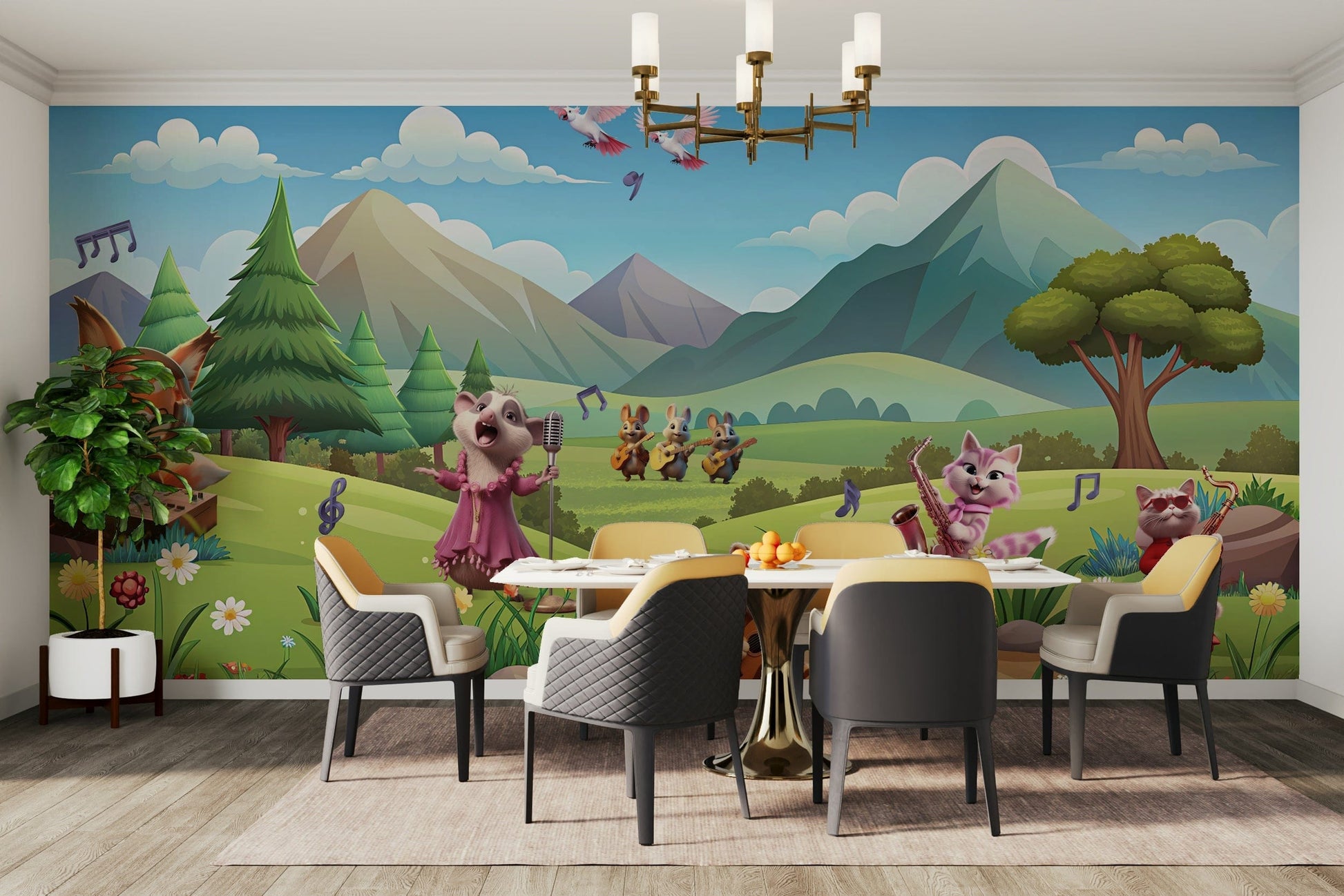 The design features a group of friendly animal musicians on a bandstand.

