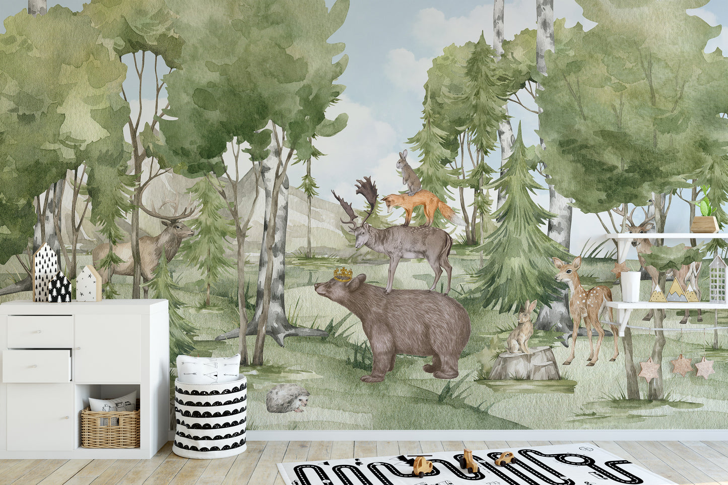 Playful forest animal friends wallpaper mural for charming spaces.