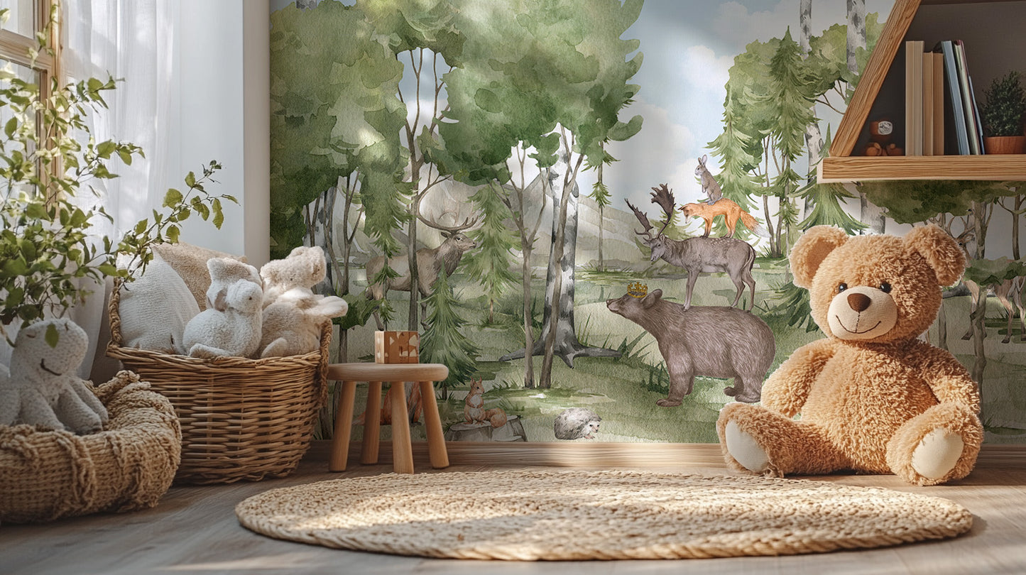 Whimsical animal forest friend wall mural wallpaper for kids.