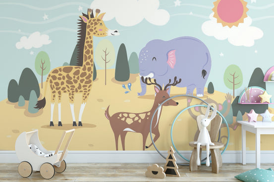 Animal on Island wallpaper mural with giraffe, purple elephant and deer in a kids room with a white toy pram