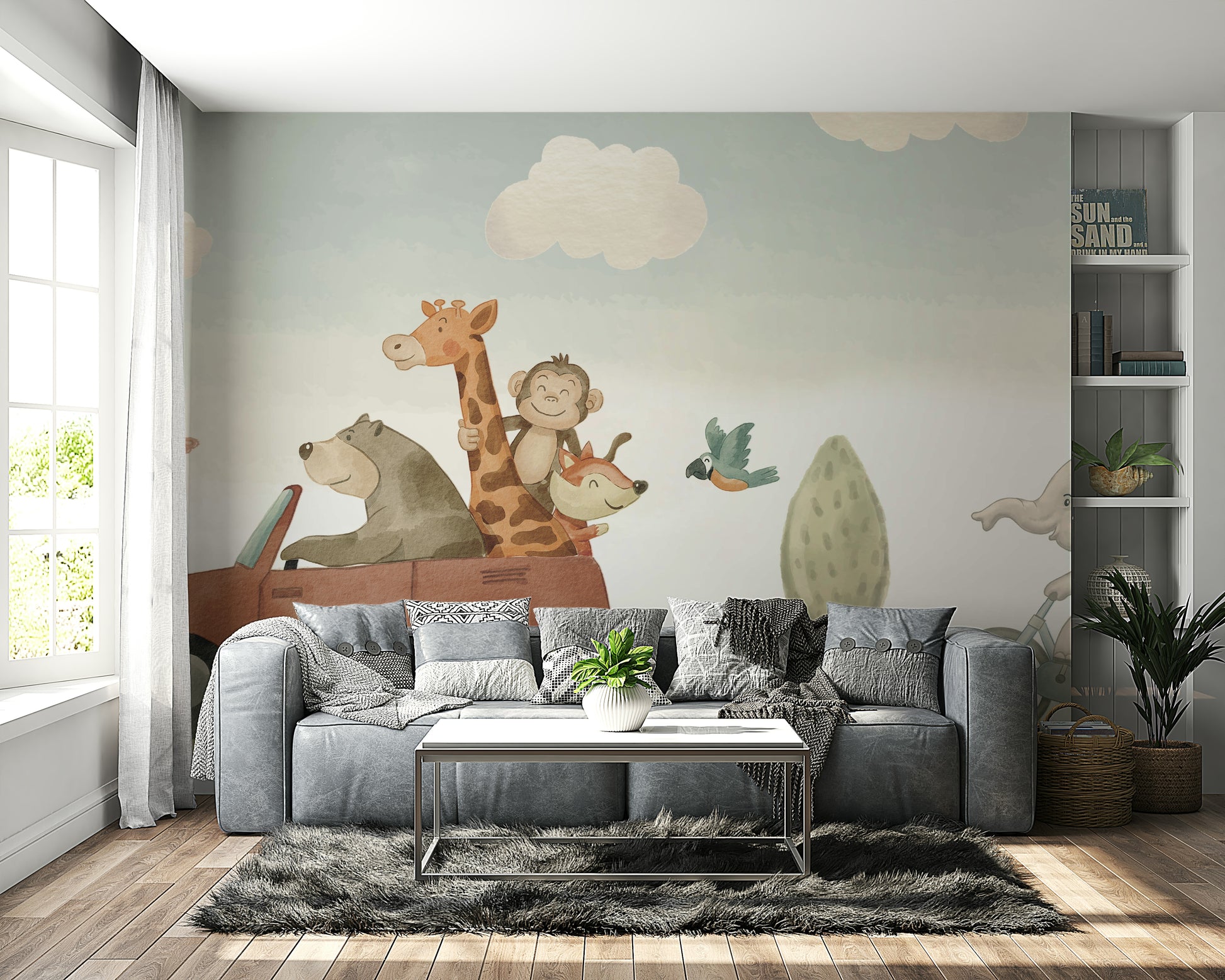 Illustrated kids wallpaper with animals and soft colors
