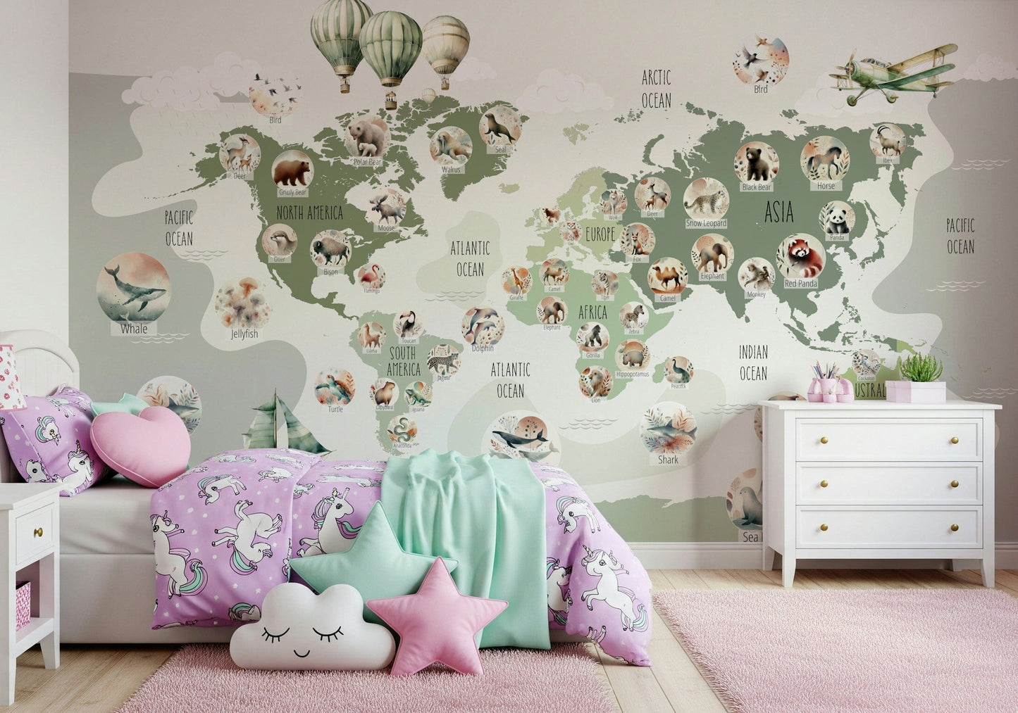 Green map wall mural in teen room, modern travel theme wall decor.