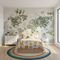World map wallpaper for classroom or tutoring room, green-toned map for a focused learning space