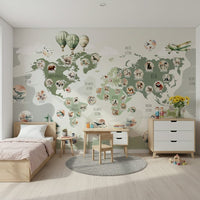 Kids bedroom world map wall mural in green shades, learning-friendly wall decor for a study corner