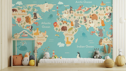 Kids room world map wallpaper mural design
