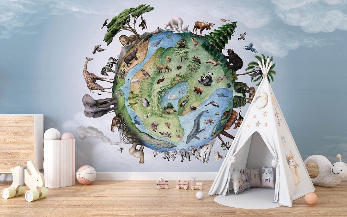 Animals Around Earth wallpaper with a wildlife globe on blue sky beside a white teepee tent in a nursery