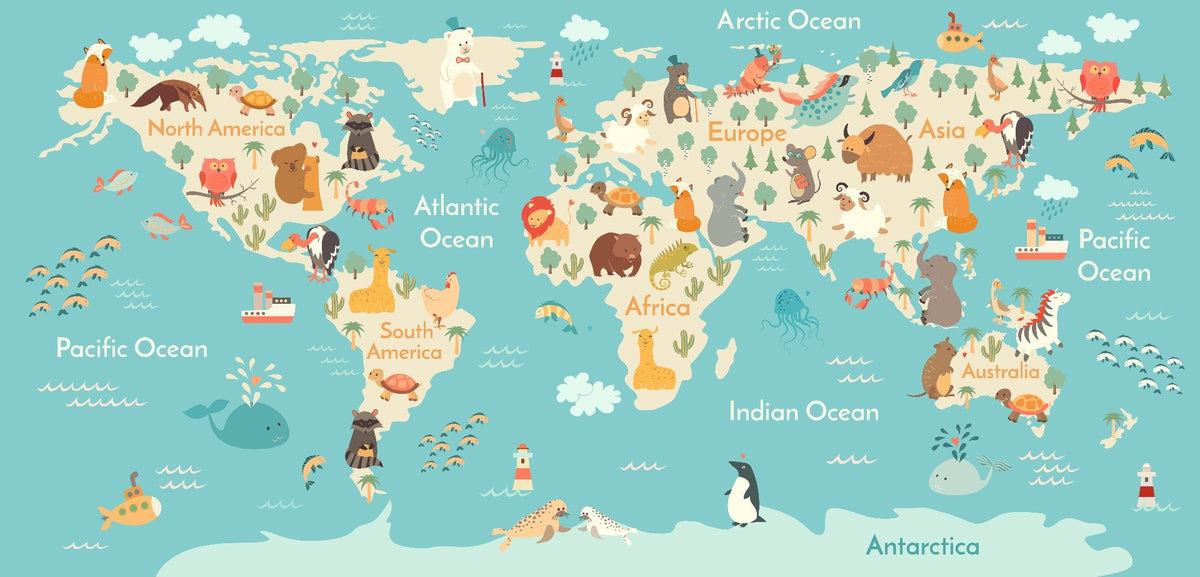 Kids Room Animal World Map Wallpaper Mural in your room