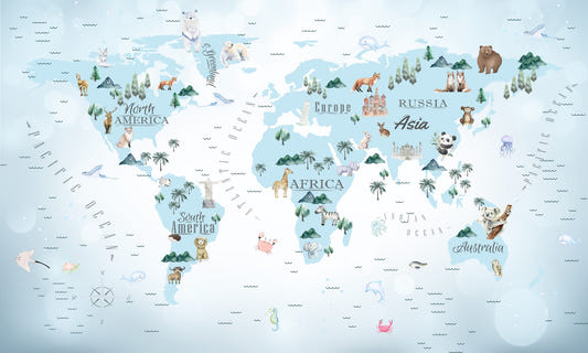 Blue Kids Room World Map Wallpaper Murals