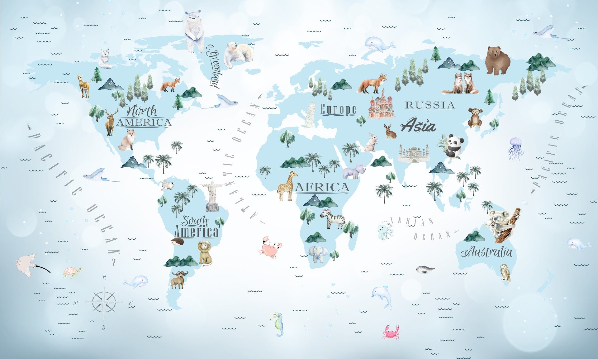 Blue Kids Room World Map Wallpaper Murals in your room — zoomed