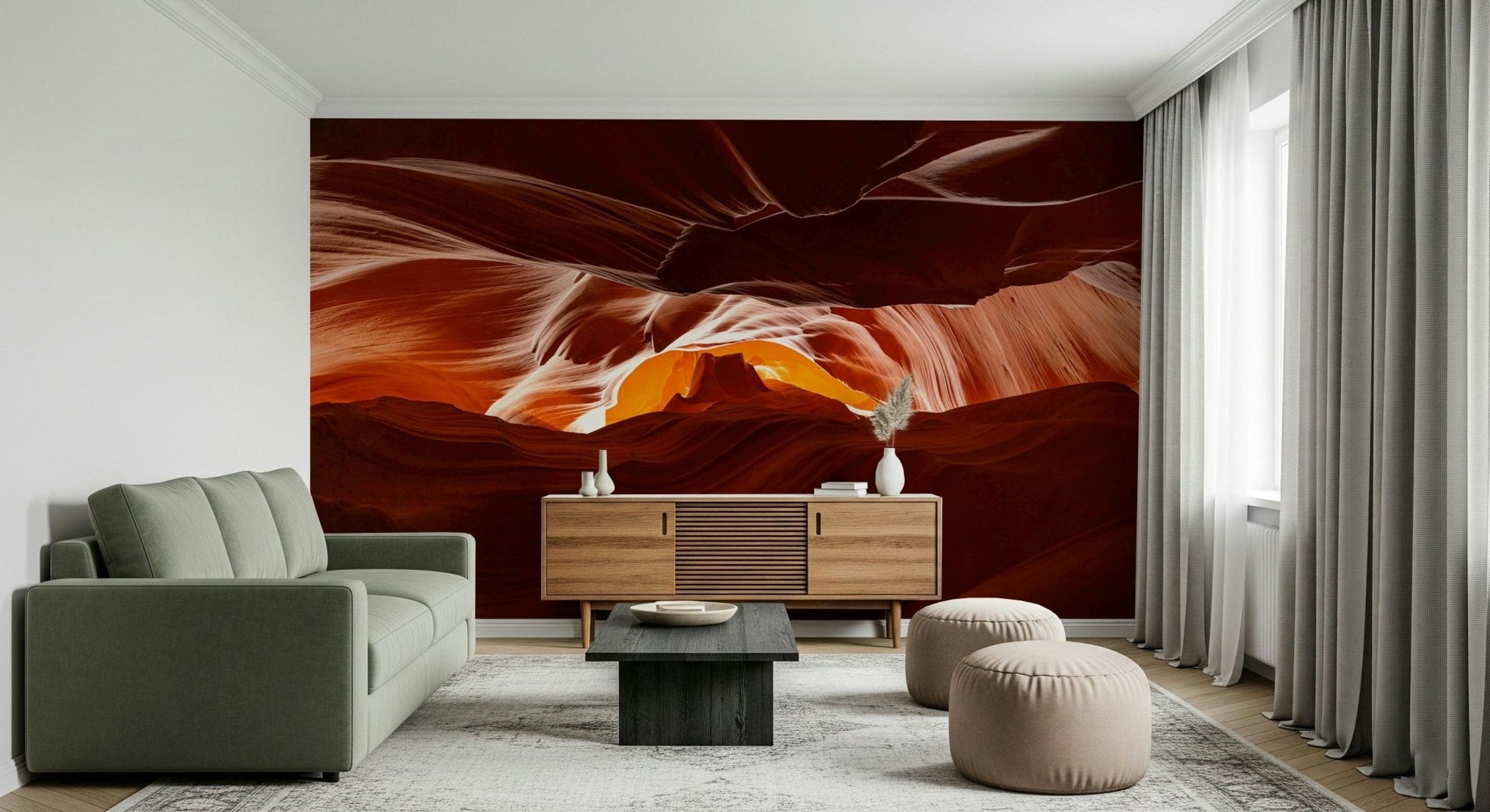 Sophisticated home office with a wildlife mural and a dark oak desk.