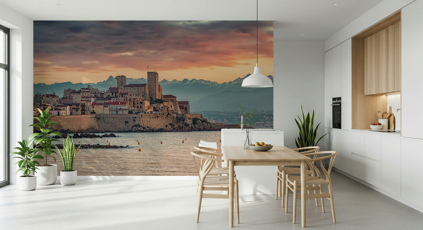Mediterranean wall mural showing Antibes’ charming architecture silhouetted against a colorful dusk horizon.