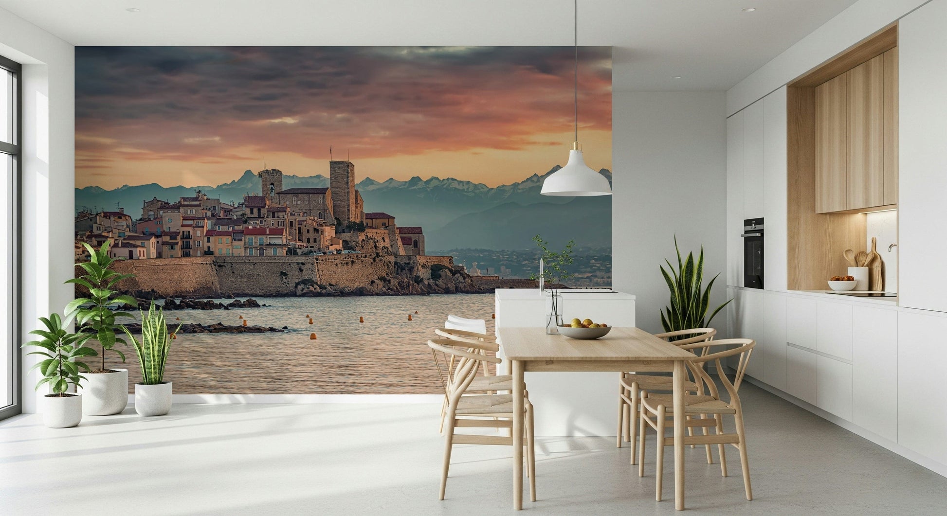 Mediterranean wall mural showing Antibes’ charming architecture silhouetted against a colorful dusk horizon.