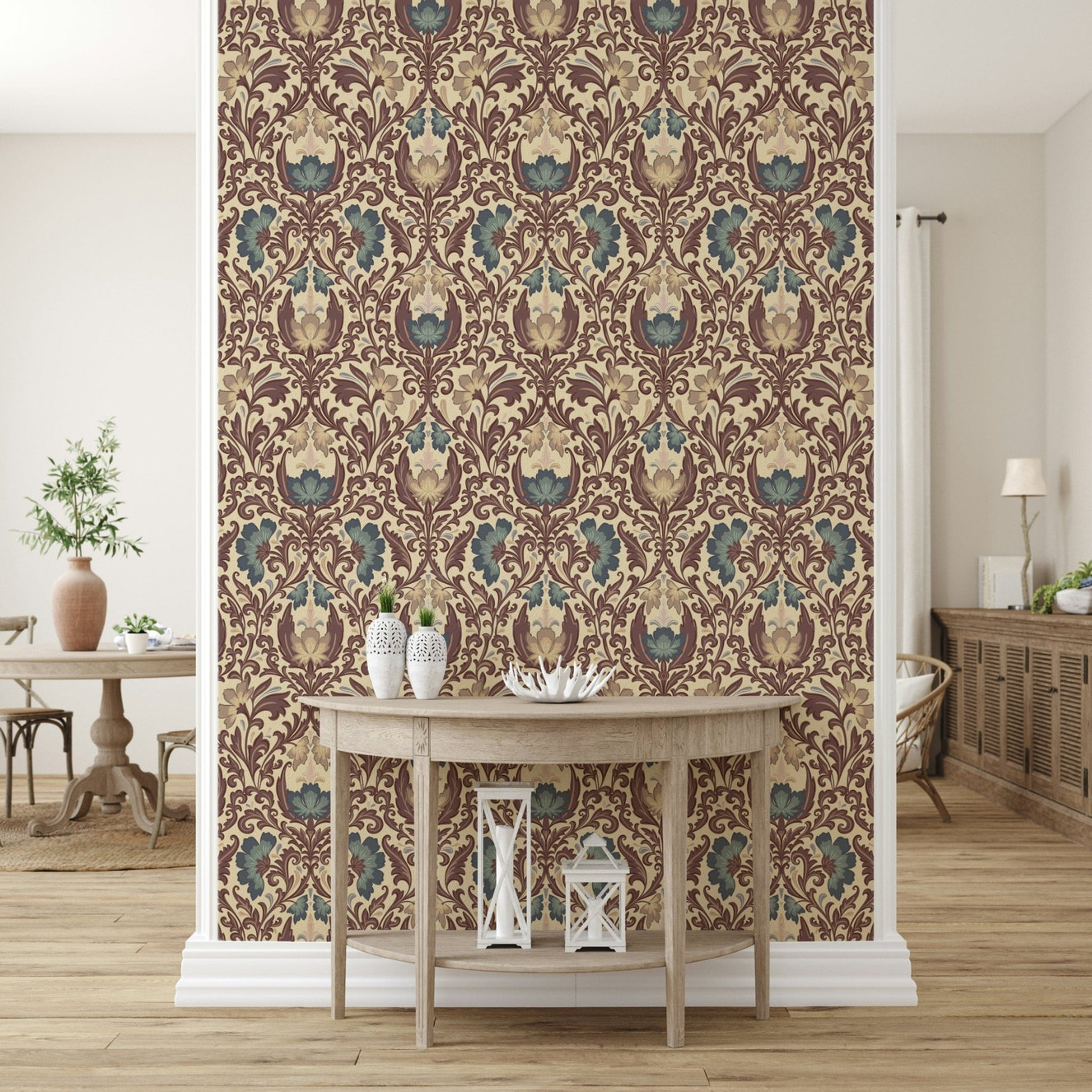 Vintage wall mural featuring muted mauve and teal botanicals.