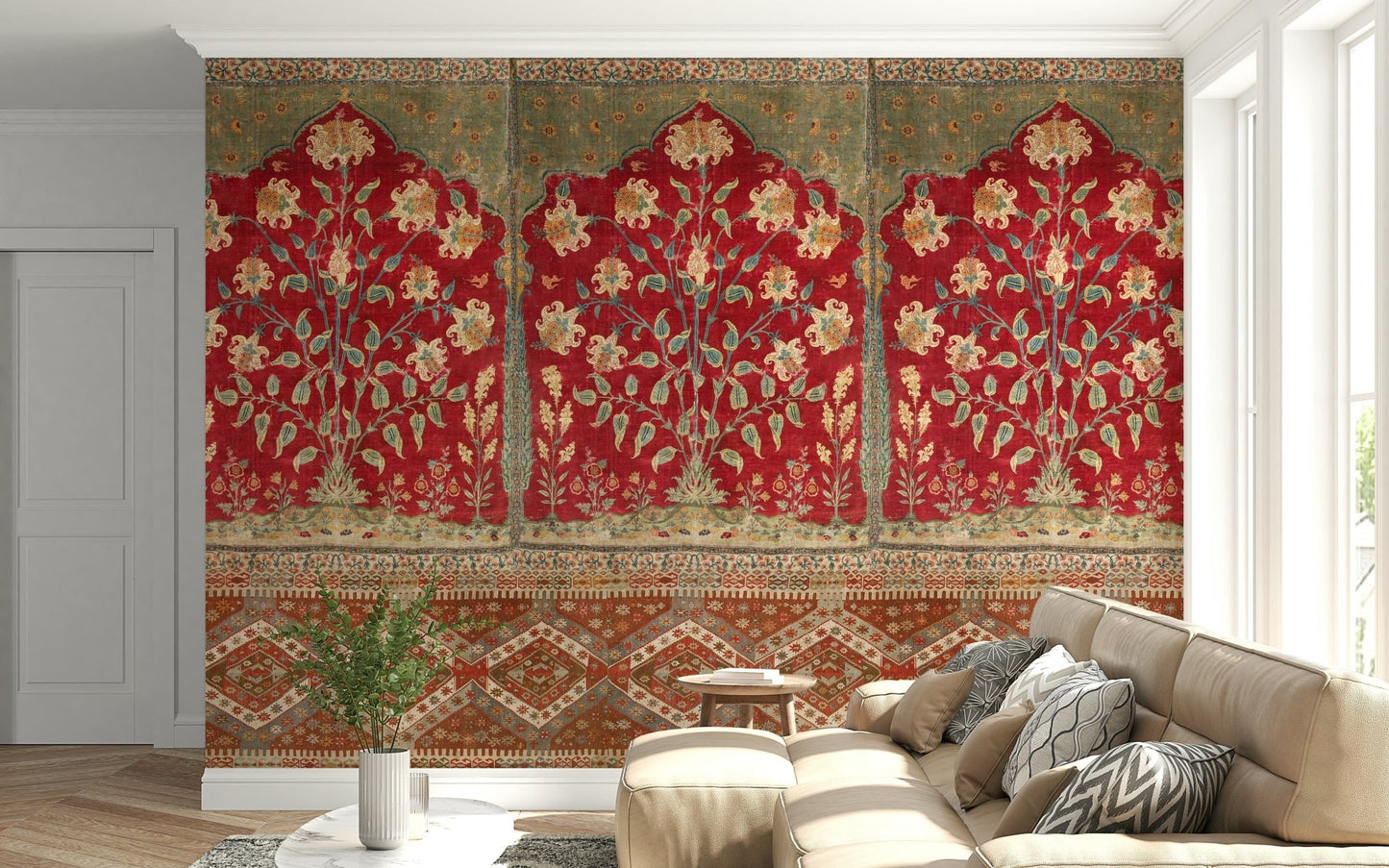 Large scale botanical wall mural with earth-toned colors for a nursery.