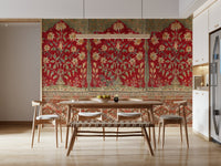 Sophisticated wall decor in a home office featuring a faded tapestry design.