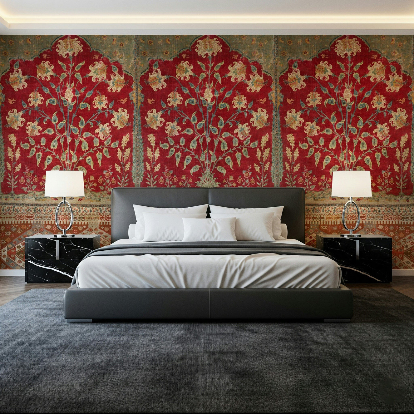 Vintage floral wall mural in a modern living room featuring muted green and beige tones.