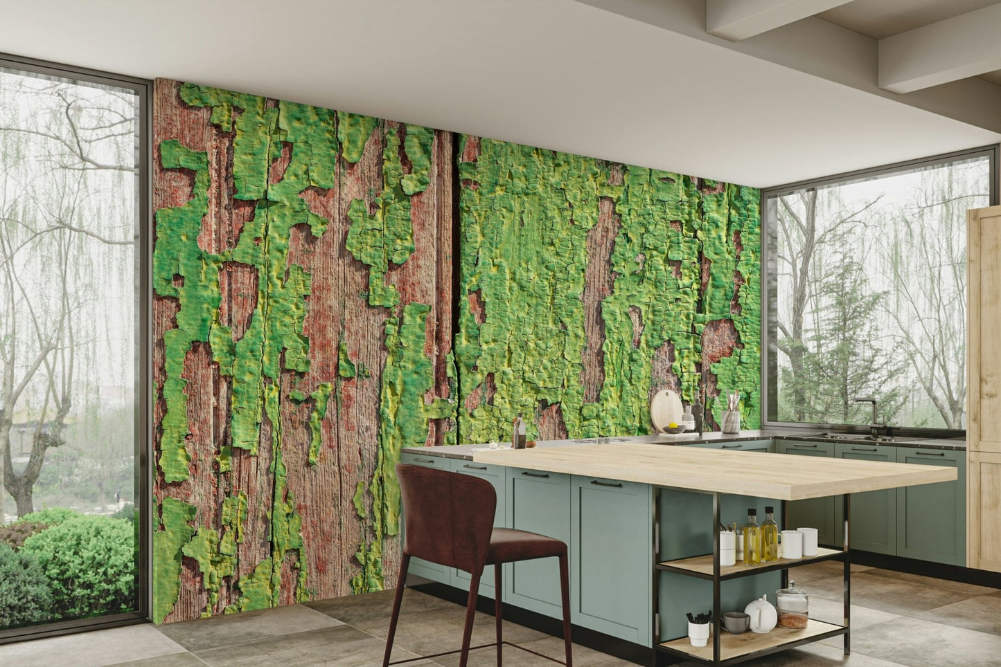 Antique green timber wallpaper

