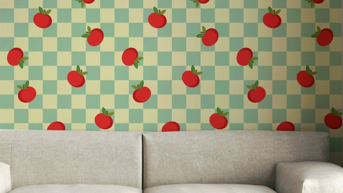Apple checkerboard wallpaper in red, blue, and cream

