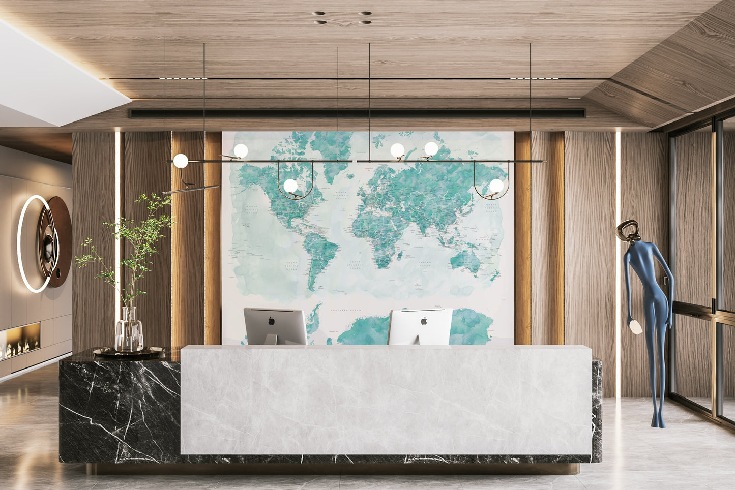 Aqua-toned global map wallpaper for modern interiors

