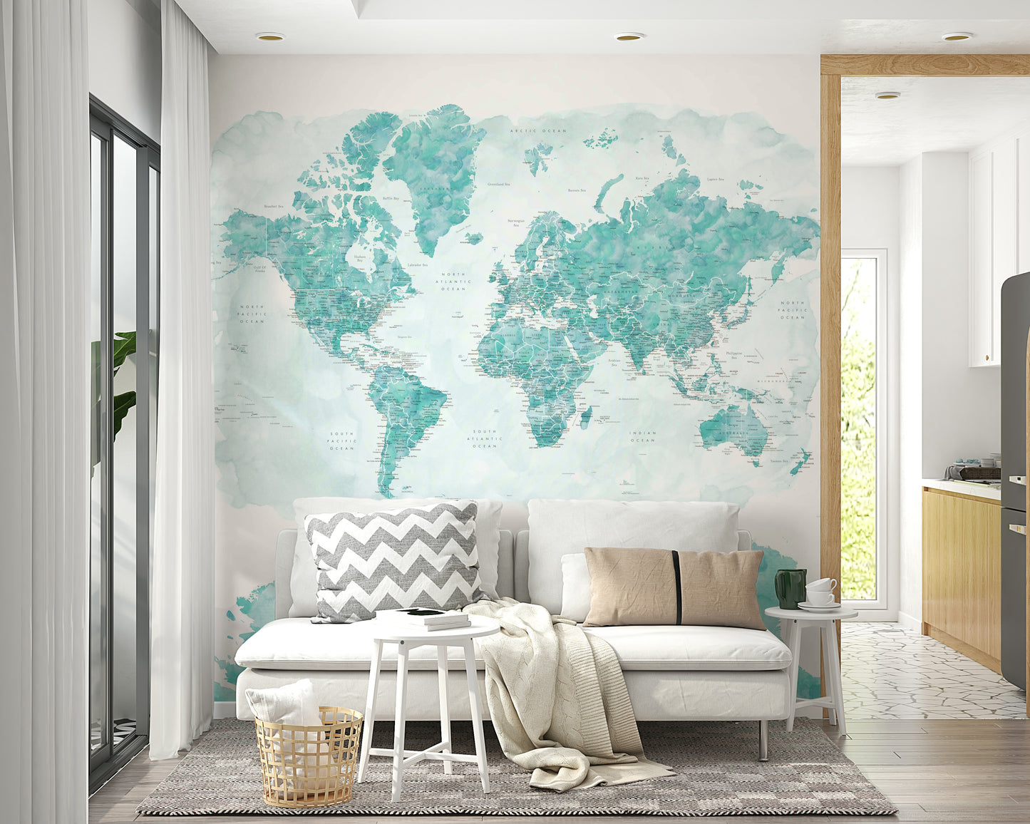 Vibrant aqua world map for travel-inspired rooms

