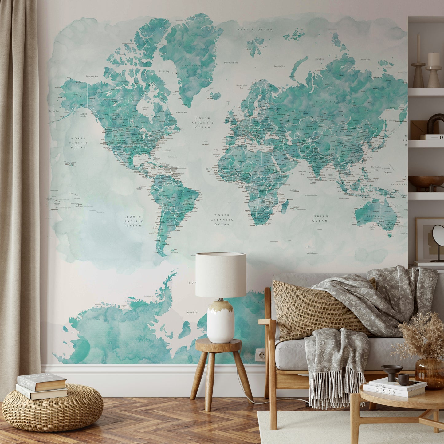 Coastal-style map design in aqua watercolor tones

