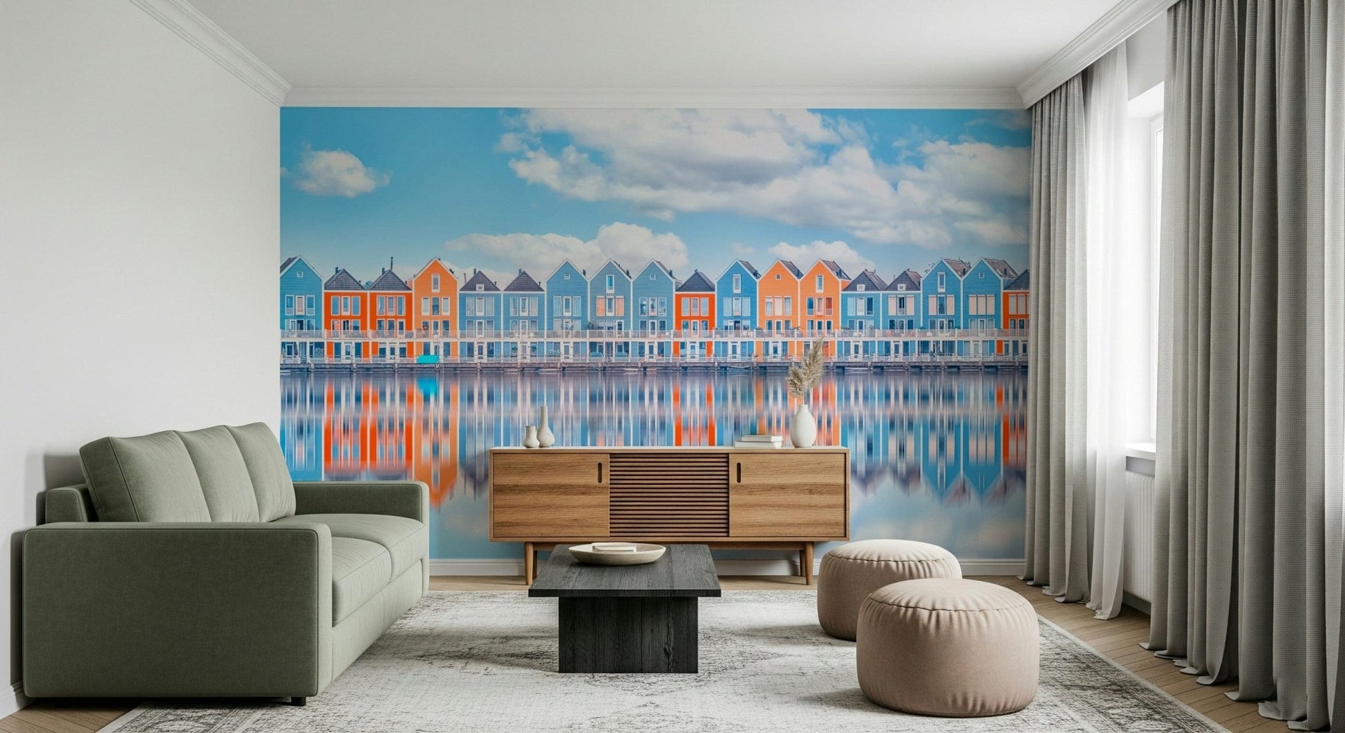 Coastal home wall mural with aqua cottage row and mirror-like water