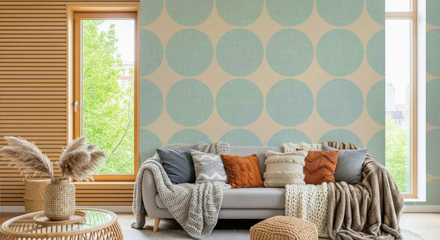 Simple geometric motif featuring woven-texture aqua circles set against a beige background
