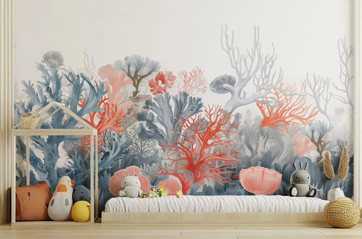 Vibrant coral reef design in Aqua Gardens wallpaper.