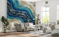 Living room aqua gold geode wall mural with blue marble flow