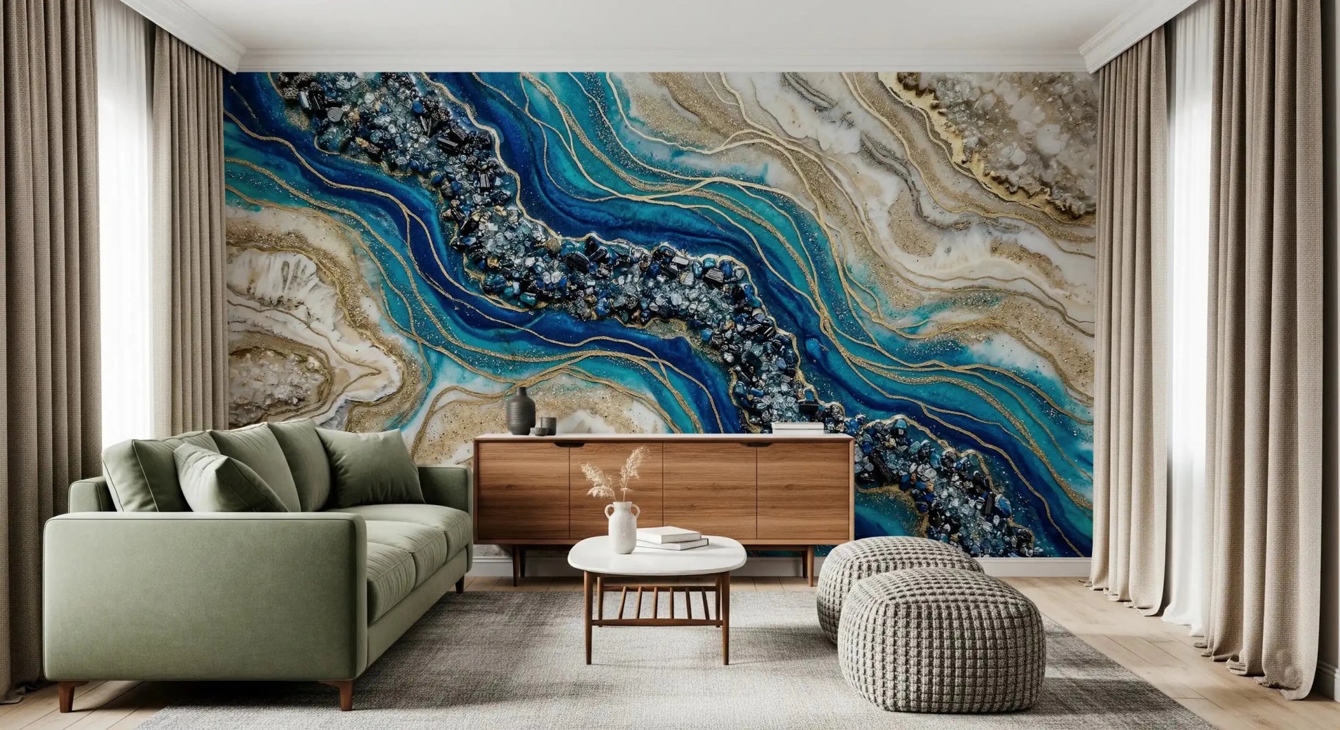 Resin style wall mural with aqua marble and gold detailing