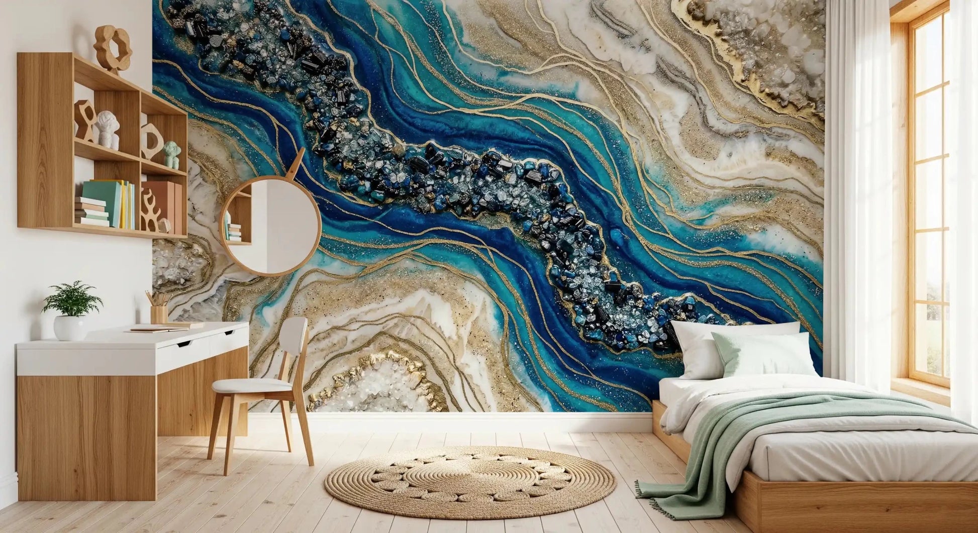 Bedroom abstract geode wall mural with gold veins and texture