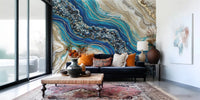 Hallway aqua marble wall mural with blue and gold layers