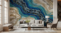 Aqua Gold Geode Flow wall mural with blue resin pattern