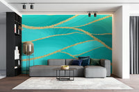 The mural shows a modern and artistic line pattern.

