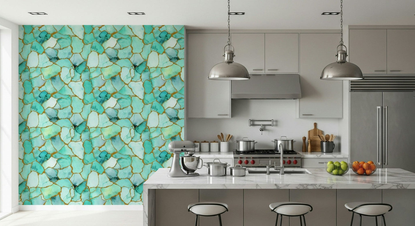 Modern marble wallpaper showcasing aqua and gold textures
