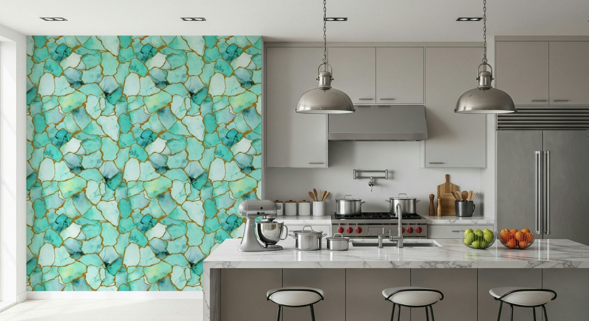 Modern marble wallpaper showcasing aqua and gold textures