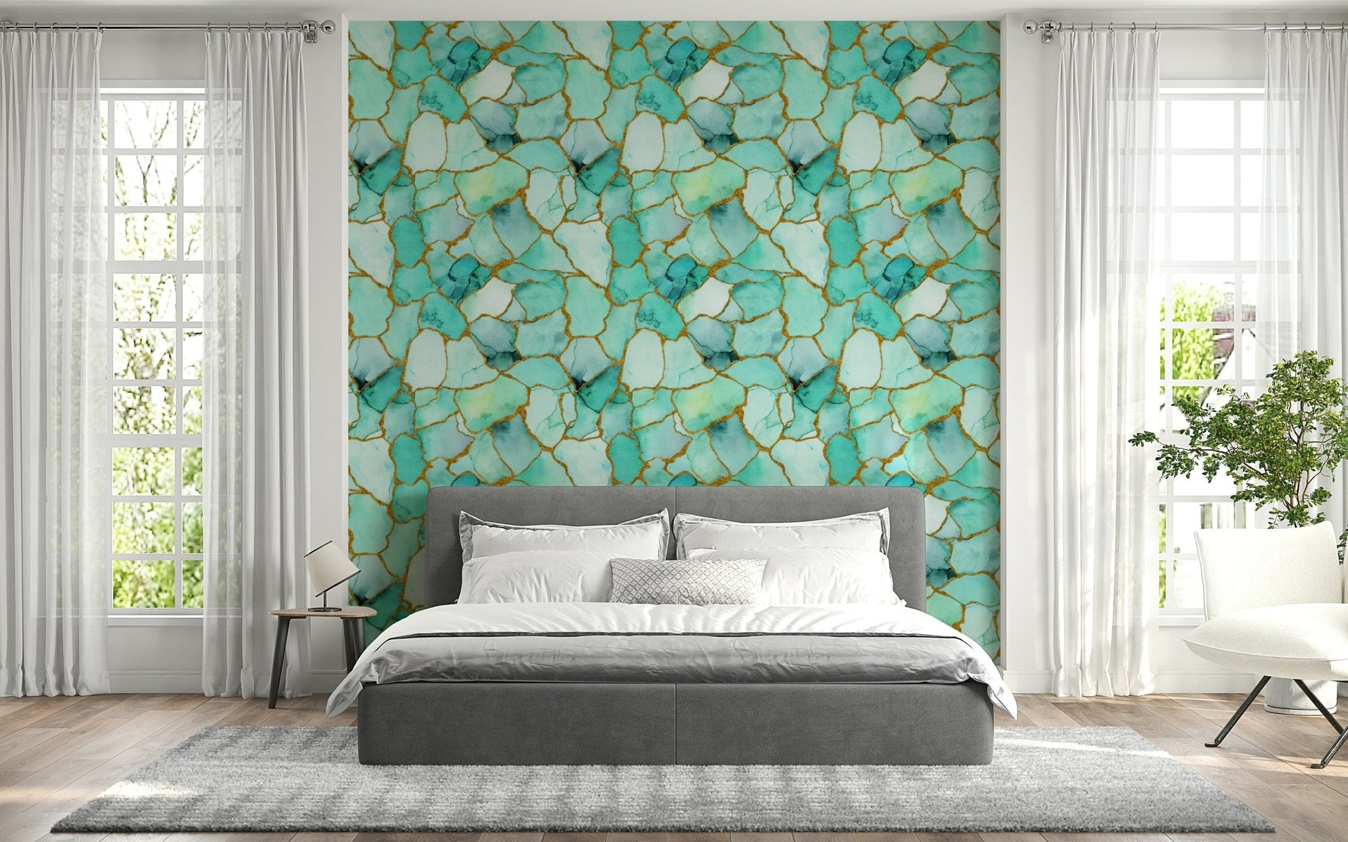 Elegant wallpaper featuring aqua marble with shimmering gold veins