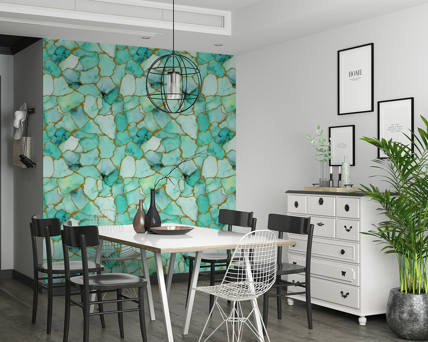 Contemporary marble wallpaper blending aqua tones with gold accents