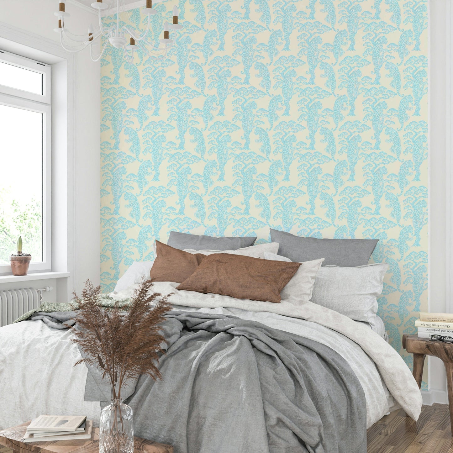 A calming jungle design wallpaper mural that defines a space.

