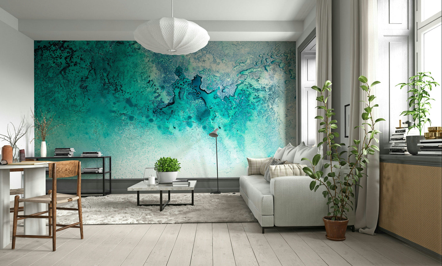 A calming water movement wallpaper mural that defines a space.

