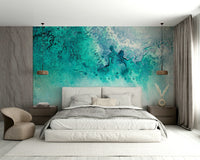 A peaceful coastal scene mural on decorative wallpaper.

