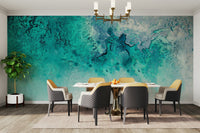 An artistic peaceful ocean mural on minimalist wallpaper.


