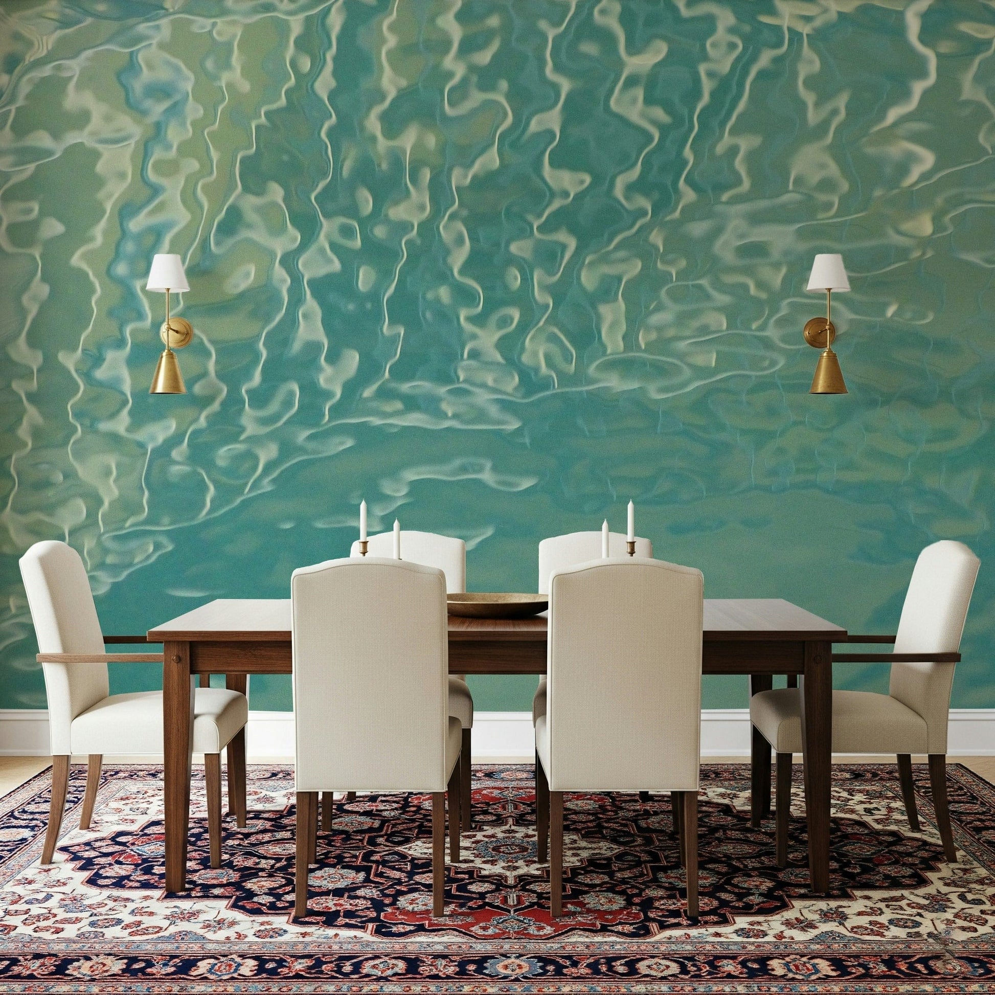 Reflective water texture wall mural in seafoam tones