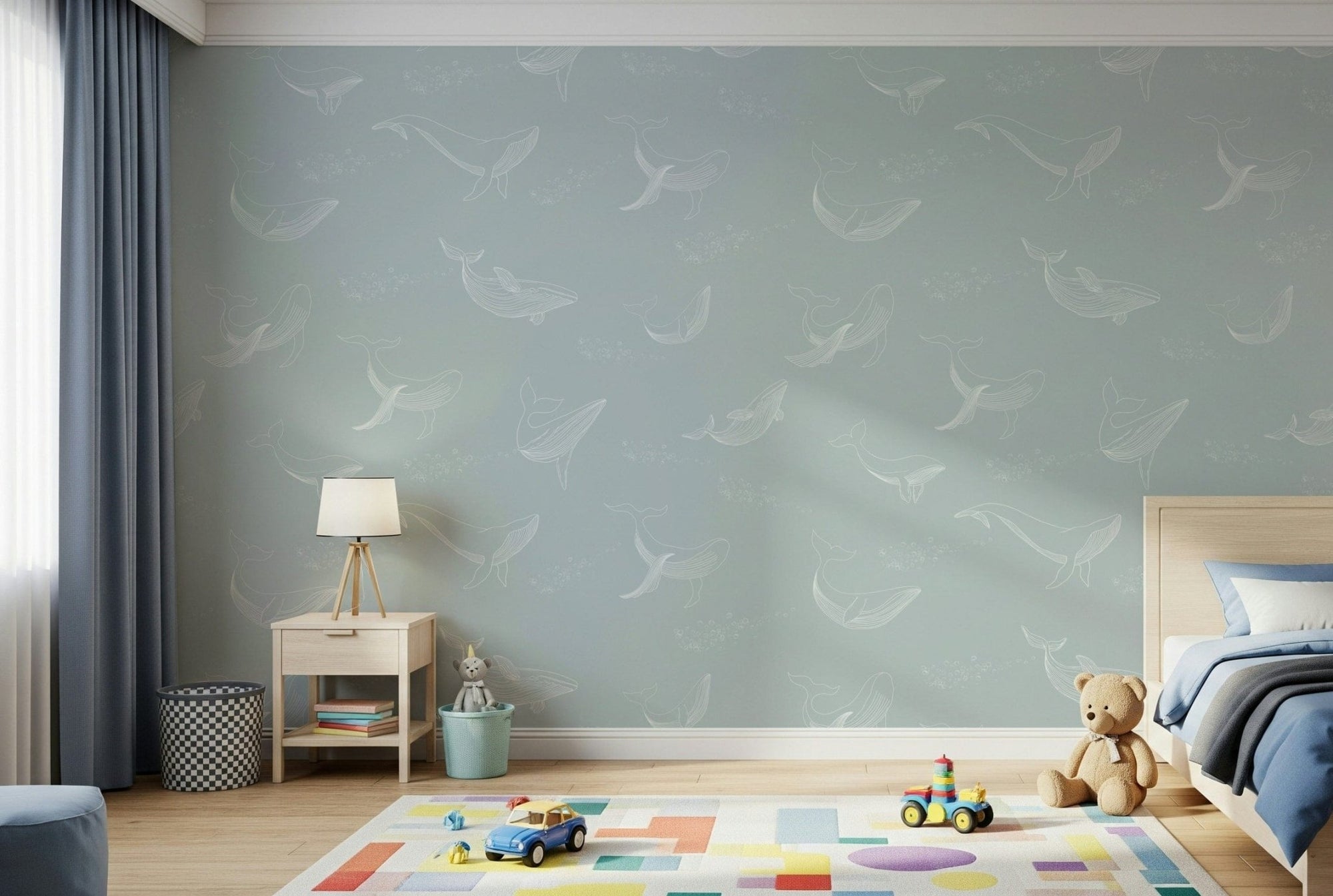 Minimalist whale art on white background for wall accents.