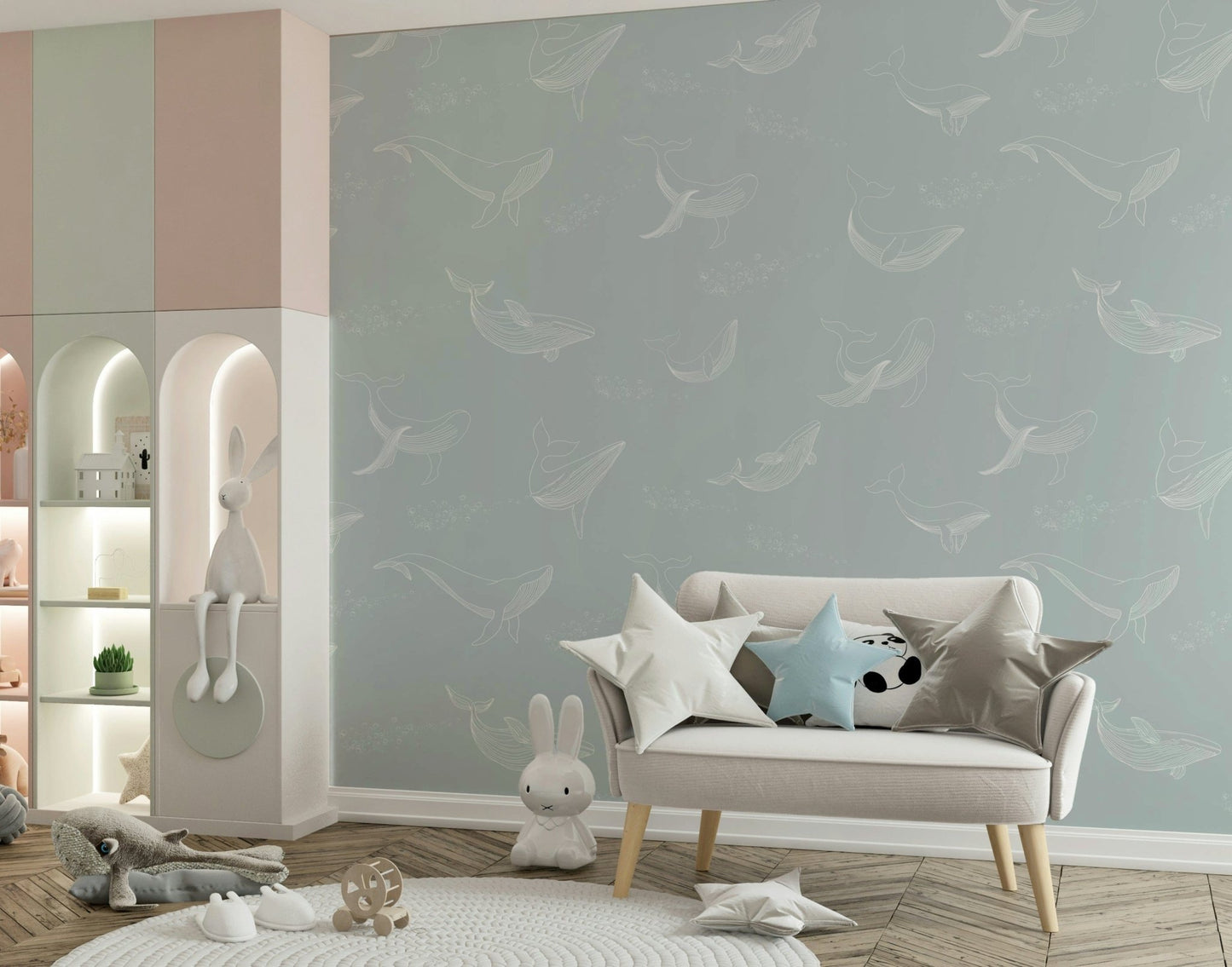Calming sea life wall decor for a guest room environment.