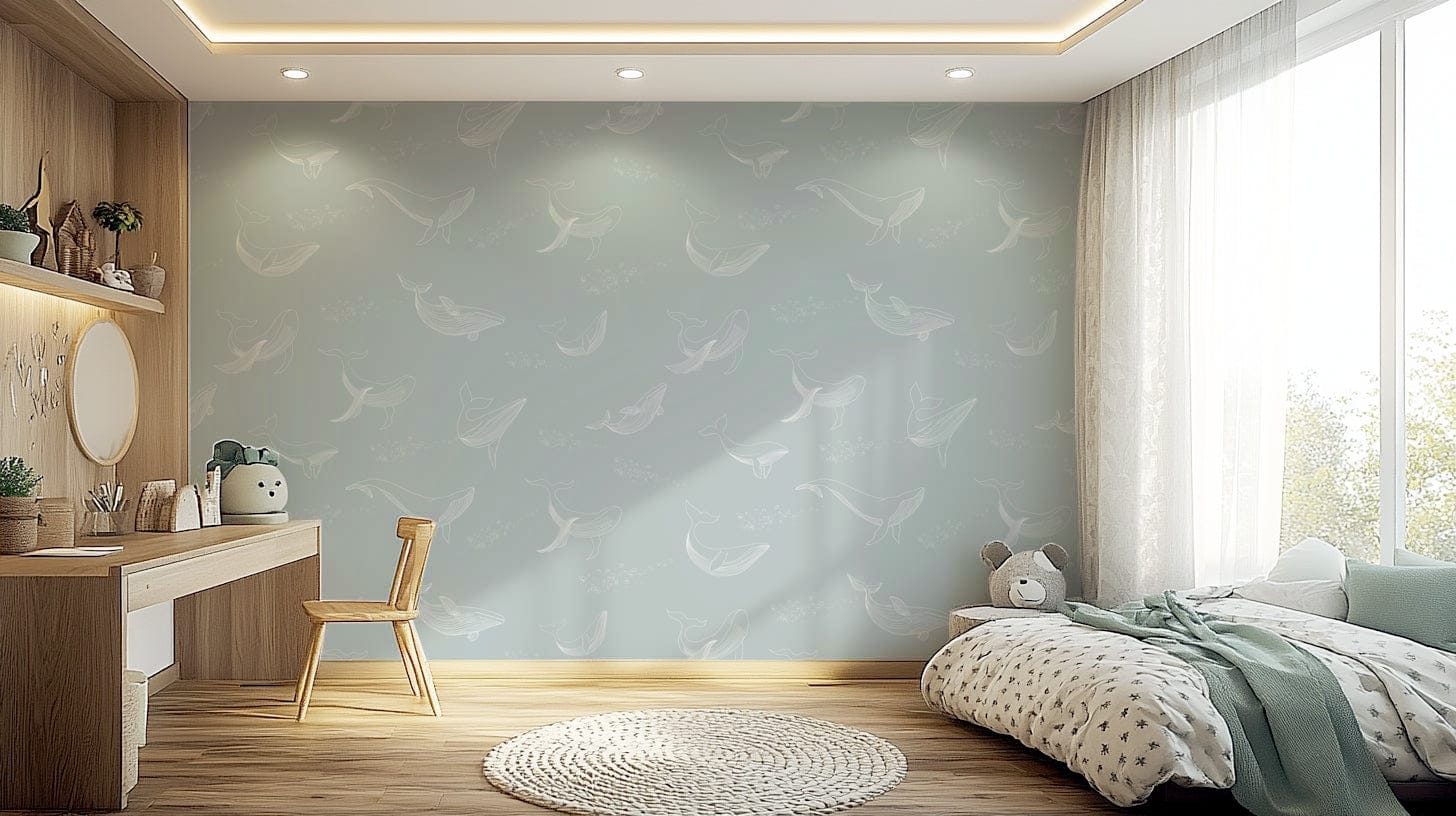 Aqua whale dreams mural in a modern apartment living room.