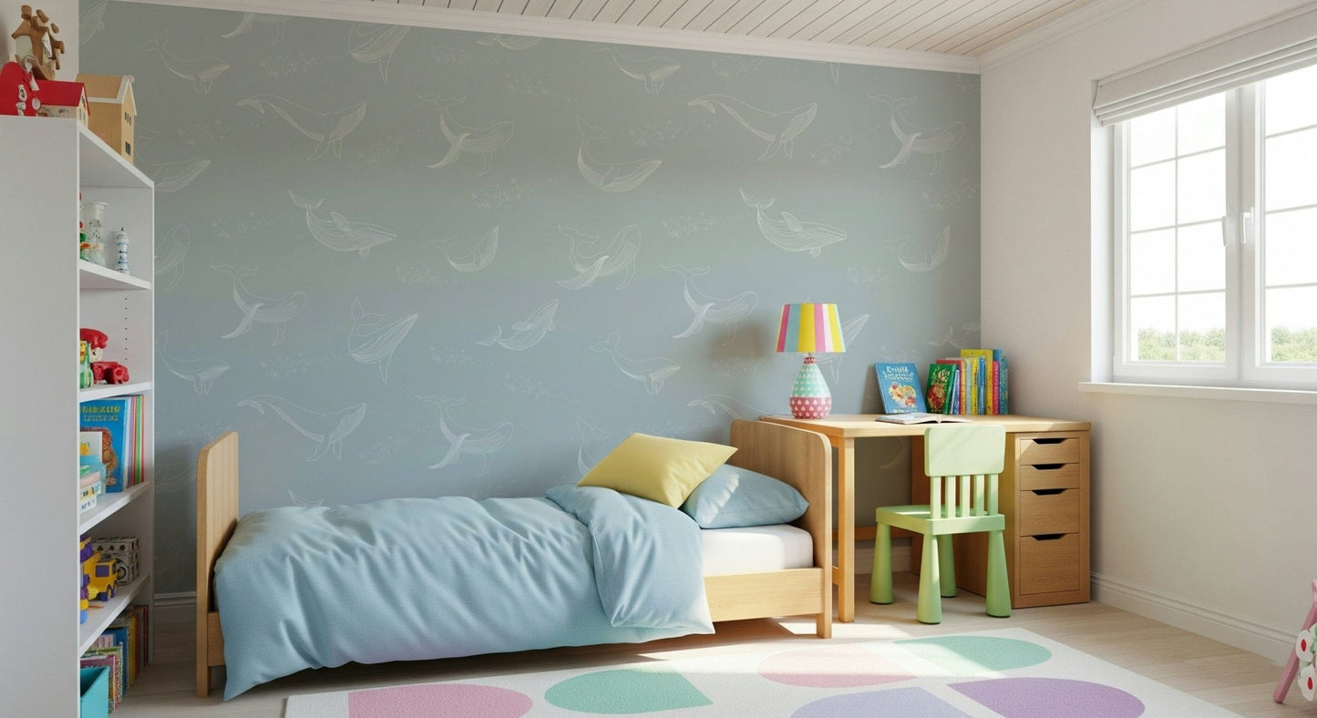 Gentle blue whale illustration for a kids play area wall.